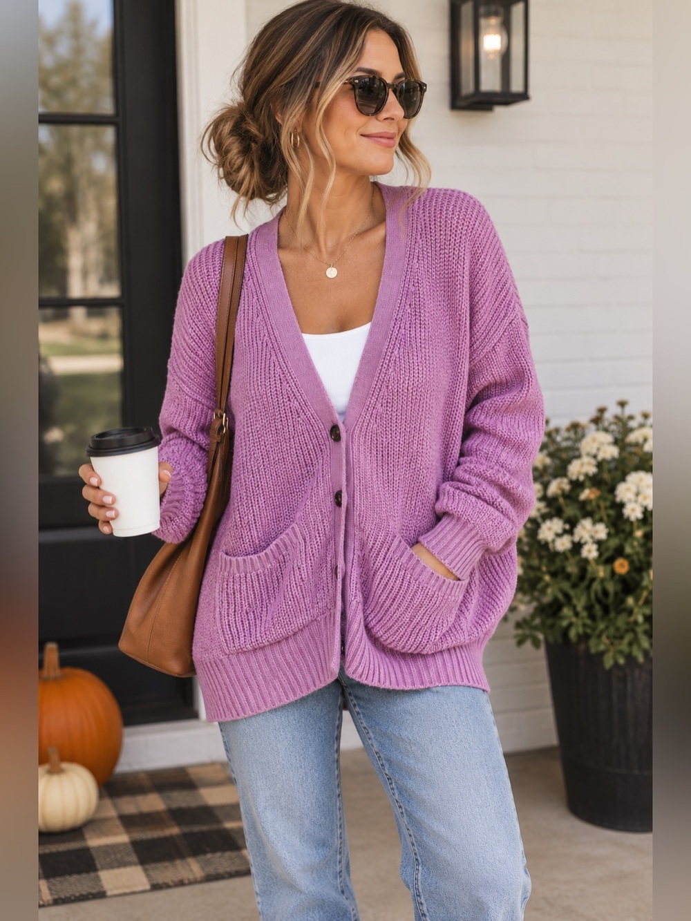 Italic Oversized Cardigan Sweater Chunky Knit V-Neck Purple 100% Wool Large
